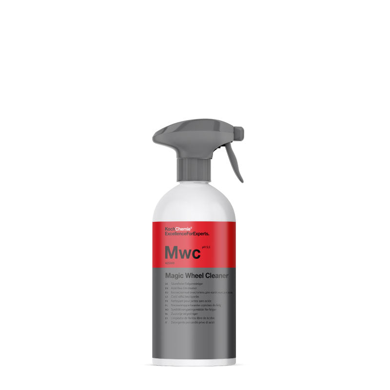 Koch Chemie Magic Wheel Cleaner MWC | Fast Brake Dust and Road Film Breakdown | Rinse Clean Finish on Faces Barrels and Lug Recesses | Even Wetting on Spoke Designs | Safer Agitation With Soft Tools