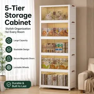 Classic Rectangle ABS Collapsible Storage Bins - Foldable Multi-Tier Door-Mounted Box with Lid, Wheels, Stackable Space-Saving Home Organizer for Kitchen, Bedroom, Transparent Plastic Drawer for Clothes, Shoes, Bags