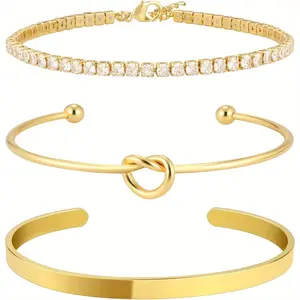 3pcs Elegant Women'S Bracelet Set, 14K Golden Plated Simple Design, Copper Base, Synthetic Zirconia (synthetic Cubic Zirconia) Inlay, Daily Occasion, All-Season, with Love Knot Charm, for Valentine'S Day Gift, Birthday Jewelry