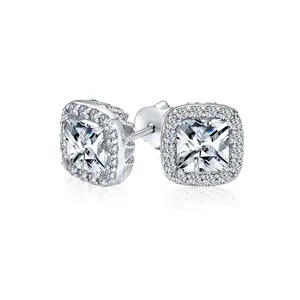 Asscher Cut CZ Stud Earrings with Halo Pave in Silver Brass