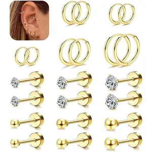 Small Hypoallergenic Flat Back Stud Earrings for Women Men  Gold Plated Stainless Steel Earring Sets Tiny Screw Back Cartilage Earring
