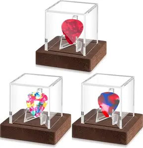 3 Pcs Pre-Assembled Acrylic Guitar Pick Display Boxes - Wooden-Based Home Organiser, Storage Cases for Collectible Picks