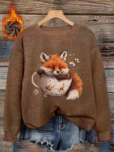 Fox Print Casual Sweater for Women, Soft Comfort for Dates, Fitted Autumn Winter Round Neck Top, Trendy Style for Relaxed Vibe