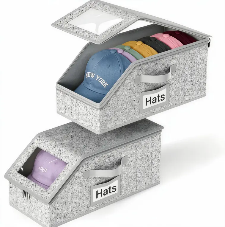 Stackable baseball cap storage box, holds up to 24 caps, durable paperboard hat box (men’s design), dustproof classic closet organizer