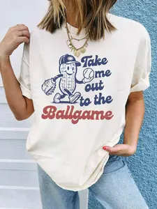 Women's Cartoon Peanut Baseball Print Half Sleeve T-Shirt, Casual Round Neck Top, Daily Wear, Back-To-School, All Seasons, Style, Womenswear
