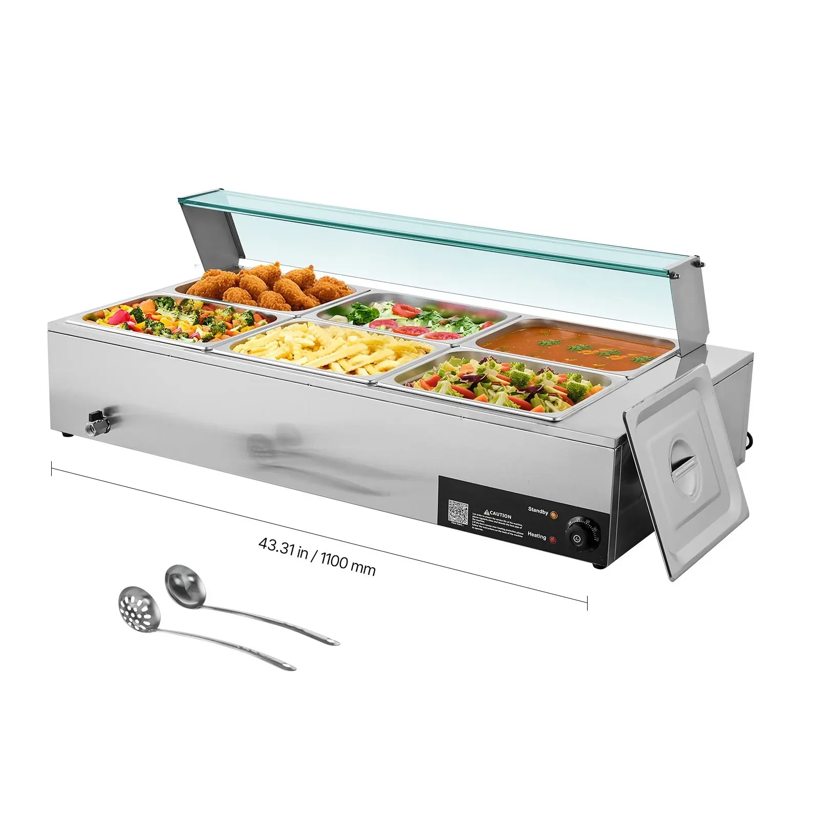 Commercial Food Warmer With Glass Cover - 6 X 1/2-Size Pans Buffet Bain-Marie Heater Unit For Catering, Heated Food Server, Stainless Steel Countertop Equipment For Professional Kitchens And Hospitality Use