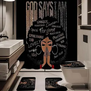 1/4pc Prayer Black Girl Pattern Bathroom Set, The 4-piece set includes a single shower curtain, anti slip floor mat, toilet U-shaped mat, toilet lid mat, with shower curtain hook, and belongs to bathroom decoration products
