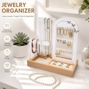 Clear Butterfly Acrylic Jewelry Organizer Stand with Wood Base, Earring Necklace Bracelet Holder and Ring Tray