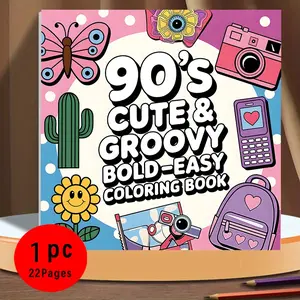Adult Coloring Book 90s Theme, 22 Pages, Bold Design, Premium Paper, Relaxing Art Supply, Ideal Gift, Party Decoration