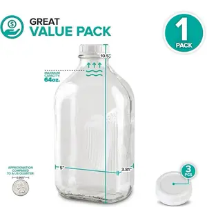 Half Gallon Glass Bottle - Premium Quality Lead-Free Crystal Clear Jug with 3 White Caps - Dishwasher Safe & Versatile Storage Container - 64 oz Capacity Coffee Tea Kitchen Jar Organiser