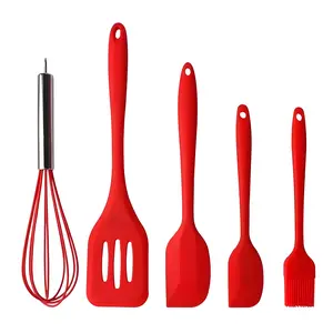 Kitchen Utensils Set-5 Pieces Silicone Cooking Tools Non-Stick Heat Resistant 450ºF Brush Whisk Slotted Big Small Spatula Green Durable Food-Grade Silicone