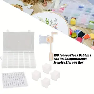 100 Pcs Floss Bobbins & 36 Compartment Jewelry Storage Box, 1 Floss Winder & Color Chip