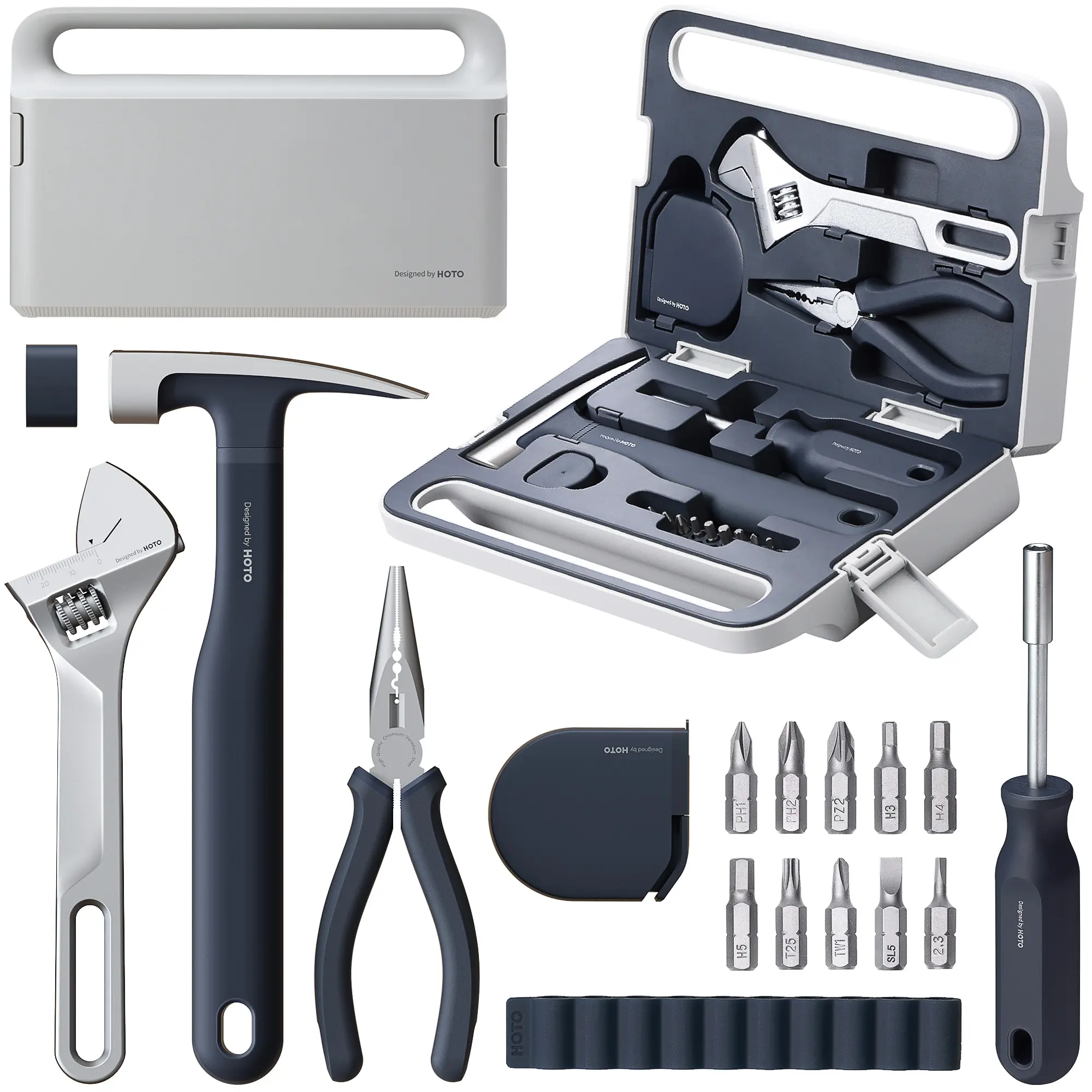 HOTO 16-Piece Minimalist Hand Tools Kit with Storage Box - Durable Reliable Performance Set for DIY Maintenance, Includes Pliers, Screwdriver Bits, Screwdrivers, Wrenches, Hammer, Tape Measure - Ideal Household Repair Tool, Father's Day Gift