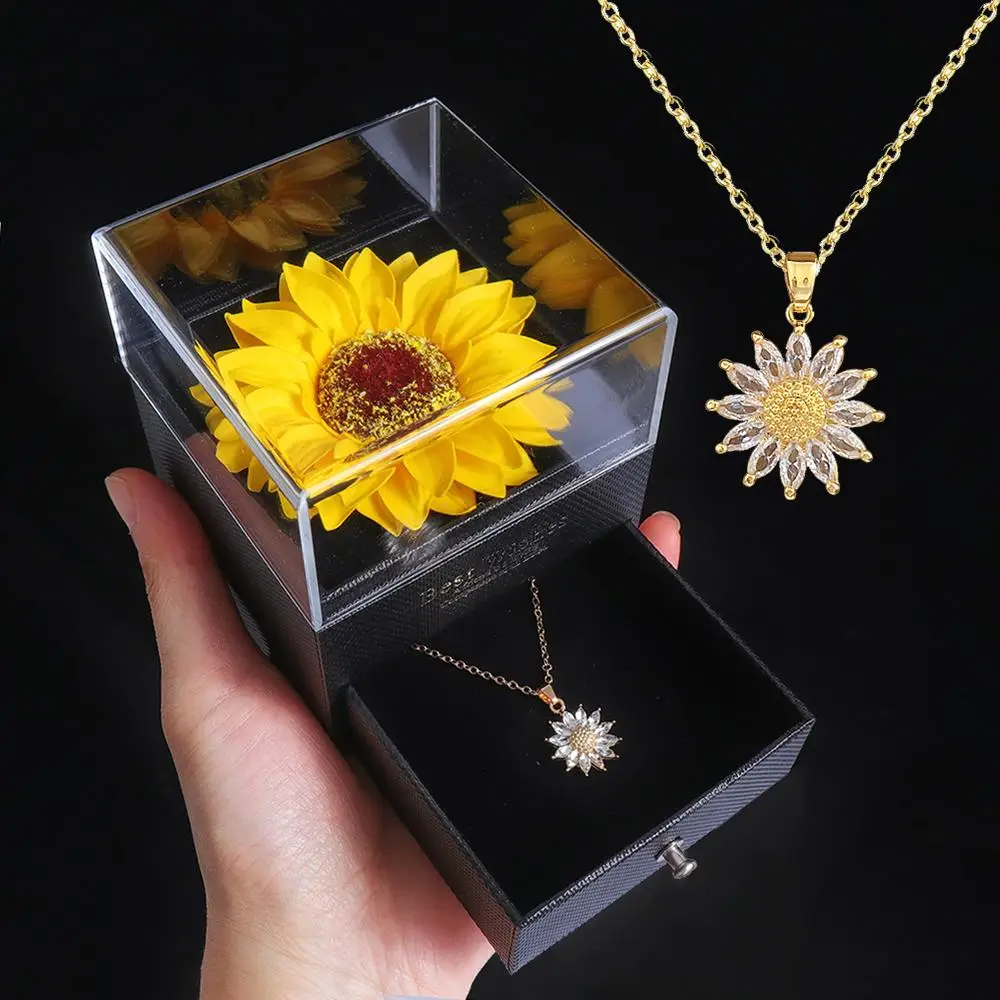 Valentine's Day Sunflower Design Necklace & Gift Box Set As Gifts, 1 Set Summer Artificial Sunflower Gift Box for Girlfriend Wife, Room Decor, Bedroom