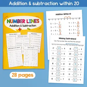 28 Pages Math Addition & Subtraction Workbook - Number Line Math Activity Book for Kids, Learning Basic Arithmetic, Addition within 10/20 and Subtraction Practice