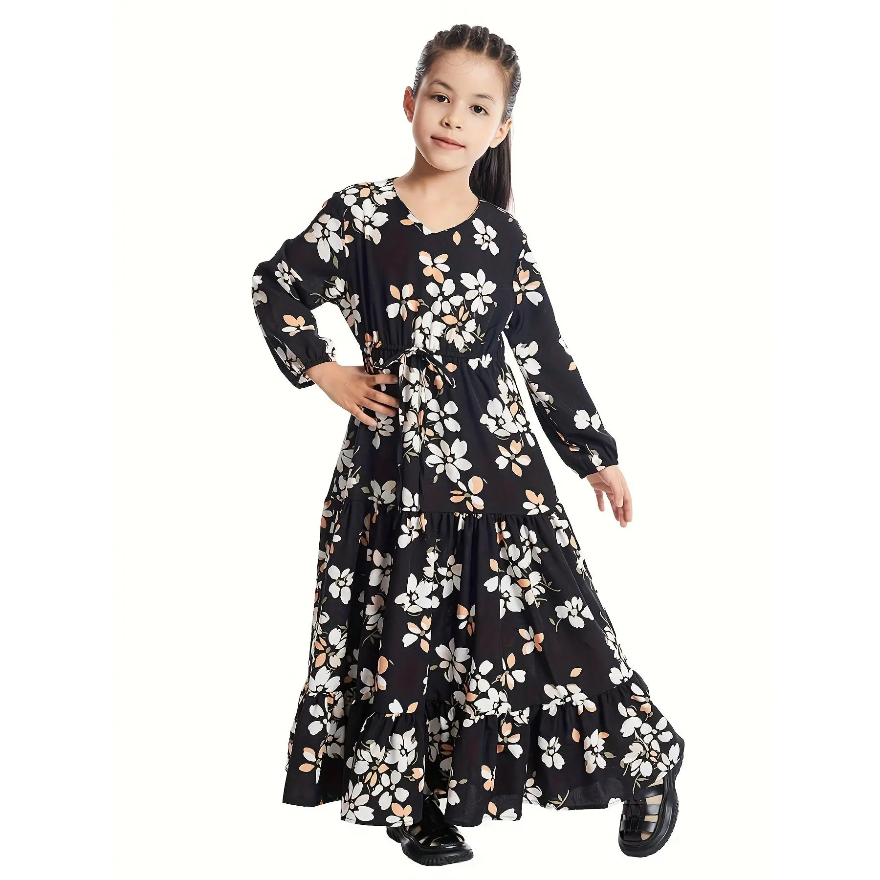 Elegant Girls Flora Abaya Dress - Traditional Dress with Floral Embroidery - Suitable for Party, Prayer, Ramadan - For Muslim Girls - Perfect Gift for