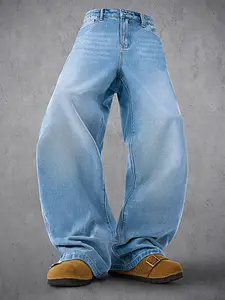 Men's Loose Straight Leg Jeans, Casual Streetwear Solid Color Denim Jeans, All-Season Fashionable Boyfriend Style, Comfortable Fit Pants
