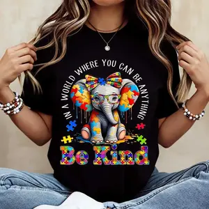 Elephant With Puzzle Pieces And Be Kind Print T Shirt Crew Neck Casual Wear For Women And Girls