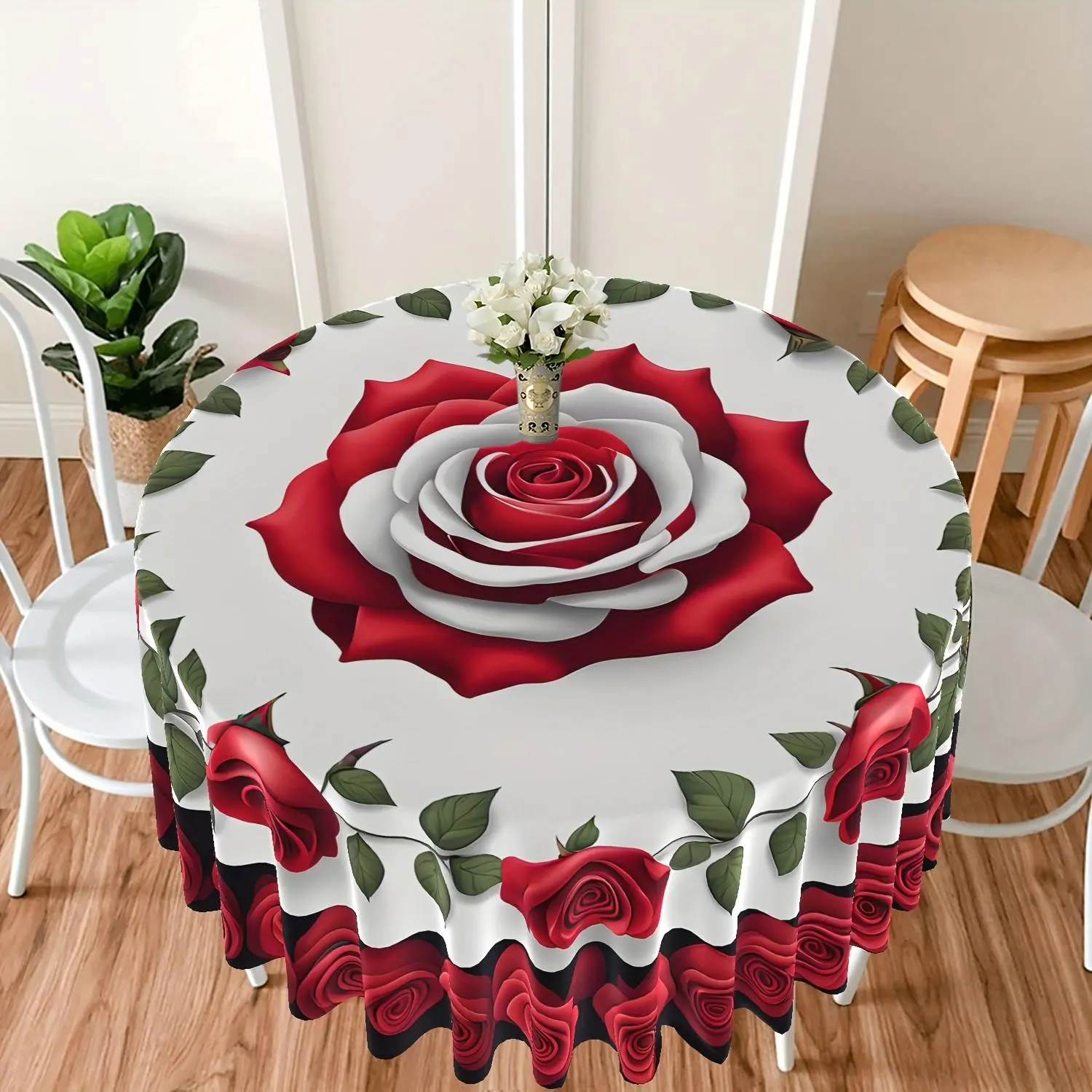 EastJia 1pc Polyester Round Glam Tablecloth - Red & White Rose Petal Design, Durable, Easy to Clean, Patio Dining Table Cover, Ideal for Valentine's Day Decorations