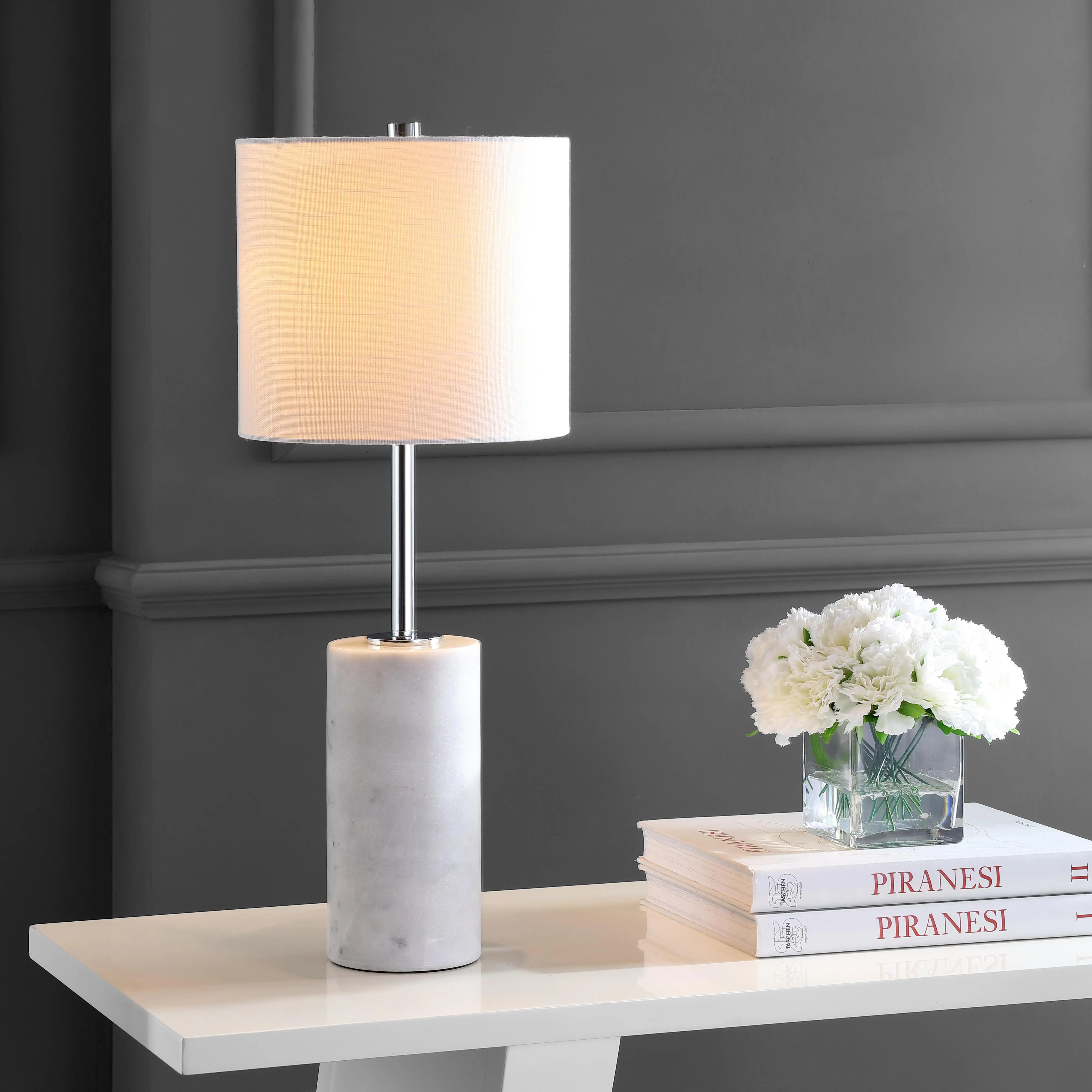 JONATHAN Y Aksel Table Lamp 25.5" Marble Metal Modern, White/Chrome | LED Bulb Included, Minimalist Transitional Design, Linen Drum Shade, Rotary Switch, Silk-Wrapped Cord
