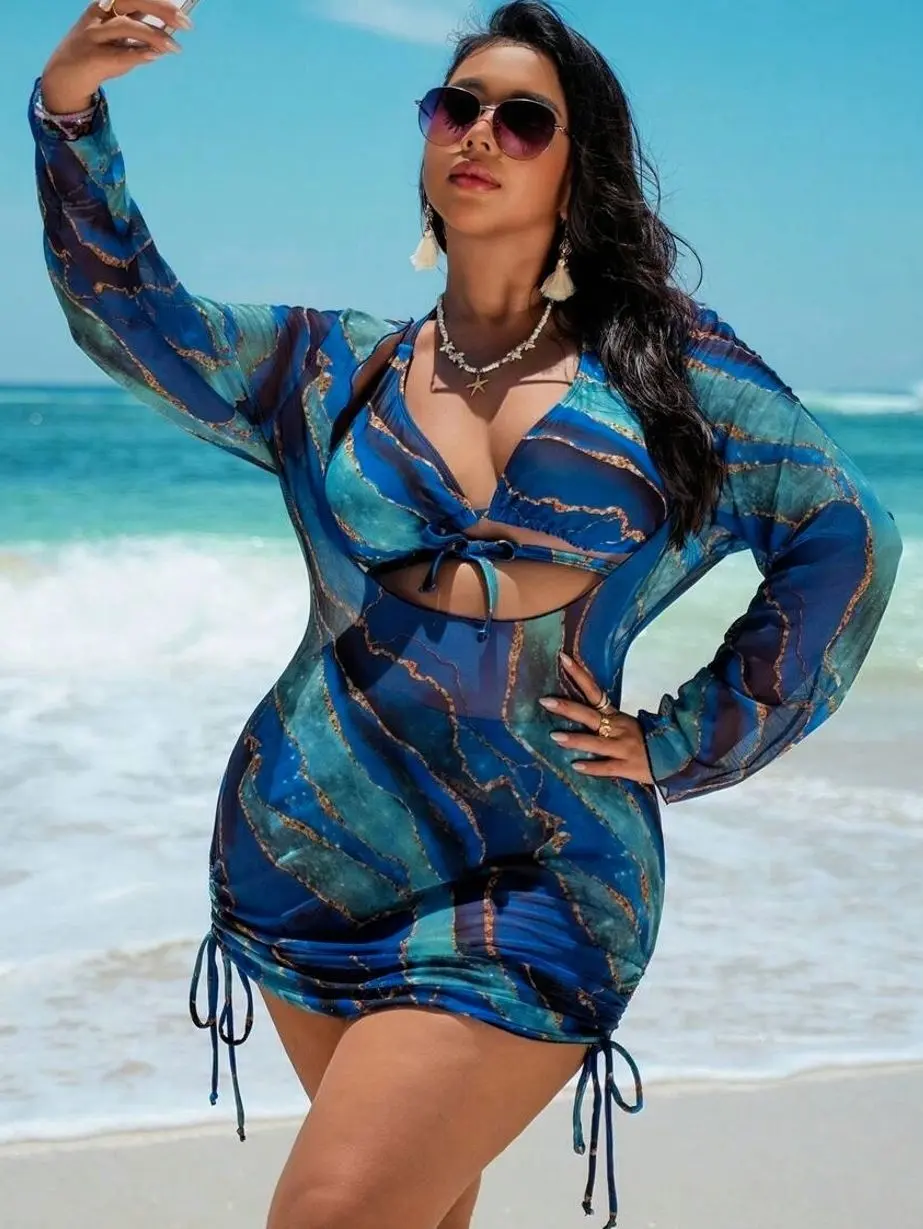 Swim Vcay 3pcs Set: Plus Size Allover Print Halter Neck Tie Back Top,Swim Bottom And Long Sleeve Beach Cover Up Swimwear Summer