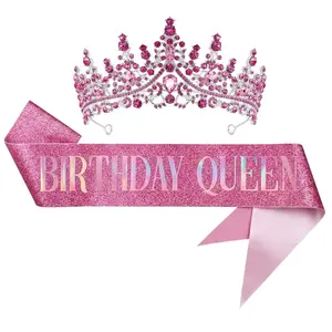 Women's Gold Crystal Birthday Queen Tiara and Sash Set - Glitter Sash, Regal Quinceañera Accessory Gift, Ideal for 16th, 18th, 21st, 30th Birthdays & Prom