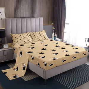 Feelyou Cute Corgi Pattern Microfiber Bed Sheets Set - Soft Breathable Kawaii Star Pattern Bedding with Deep Pocket Fitted Sheet