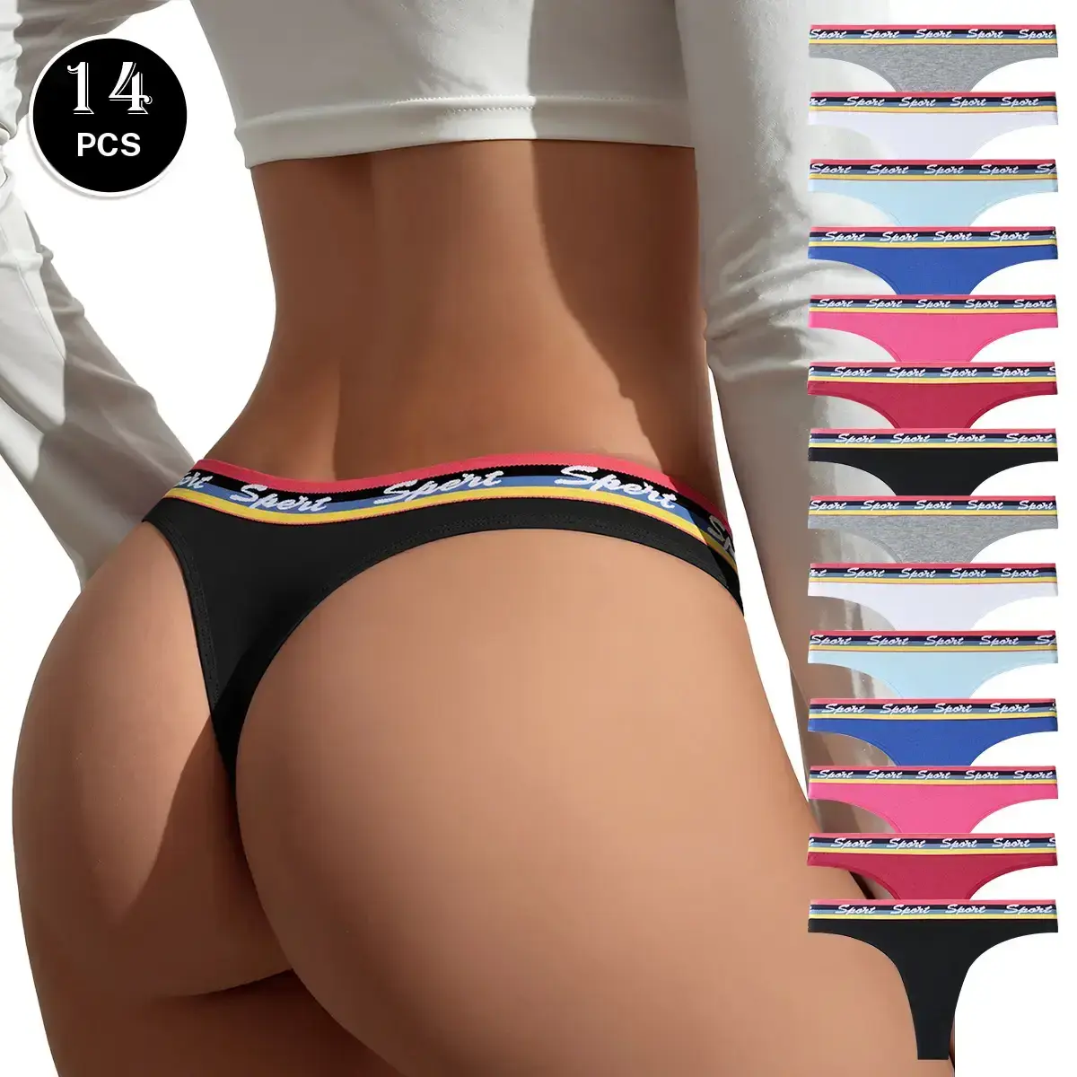 Hotcom Women's Low Waist Lettered Thong Panties - 14pcs Mixed Color Pack, Soft Breathable High-Quality Sports Clothes, Casual Style Athletic Underwear for Everyday Wear, Gym Use