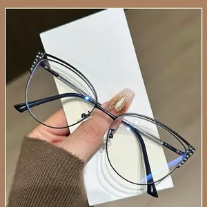 Fashion Cat Eye Blue Light Blocking Glasses for Women, Trendy Color-Changing Eyeglasses with Rhinestone Decor, Stylish Metal Clear Lens Frames