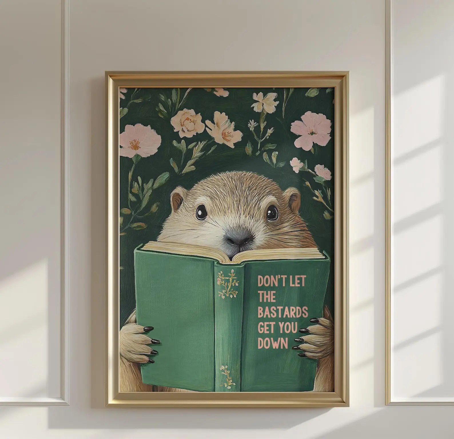 [NO FRAME] Groundhog Reading Motivational Book Art Print Poster, Funny Quirky Animal Wall Decor for Home & Office, Vintage Artwork Print