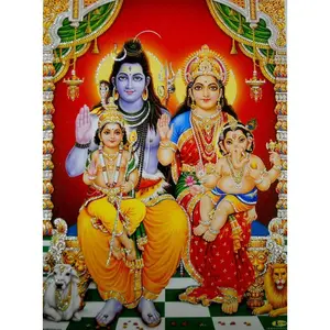 Religious Retro Canvas Poster Lord Shiva Family Hindu God Poster with Glitter (Unframed :Size 20"X30" Inches) Decor Ornaments Print