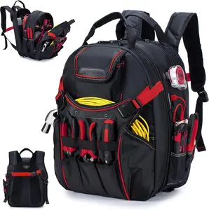 52 Pockets Tool Bag Backpack for Men Tool Backpack Heavy Duty Storage Organization Tool Bags Heavy Duty with  Molded Base for Electrician, Repairman Industrial & Construction Work, Red