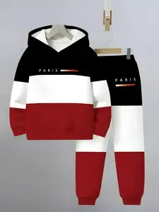 Boys Fashion Colorblock Letter Pattern 3D Printed Hoodie Casual Set, Long Sleeve Sports Wear, Spring Fall Winter Outdoor Hoodies, Sweatshirts