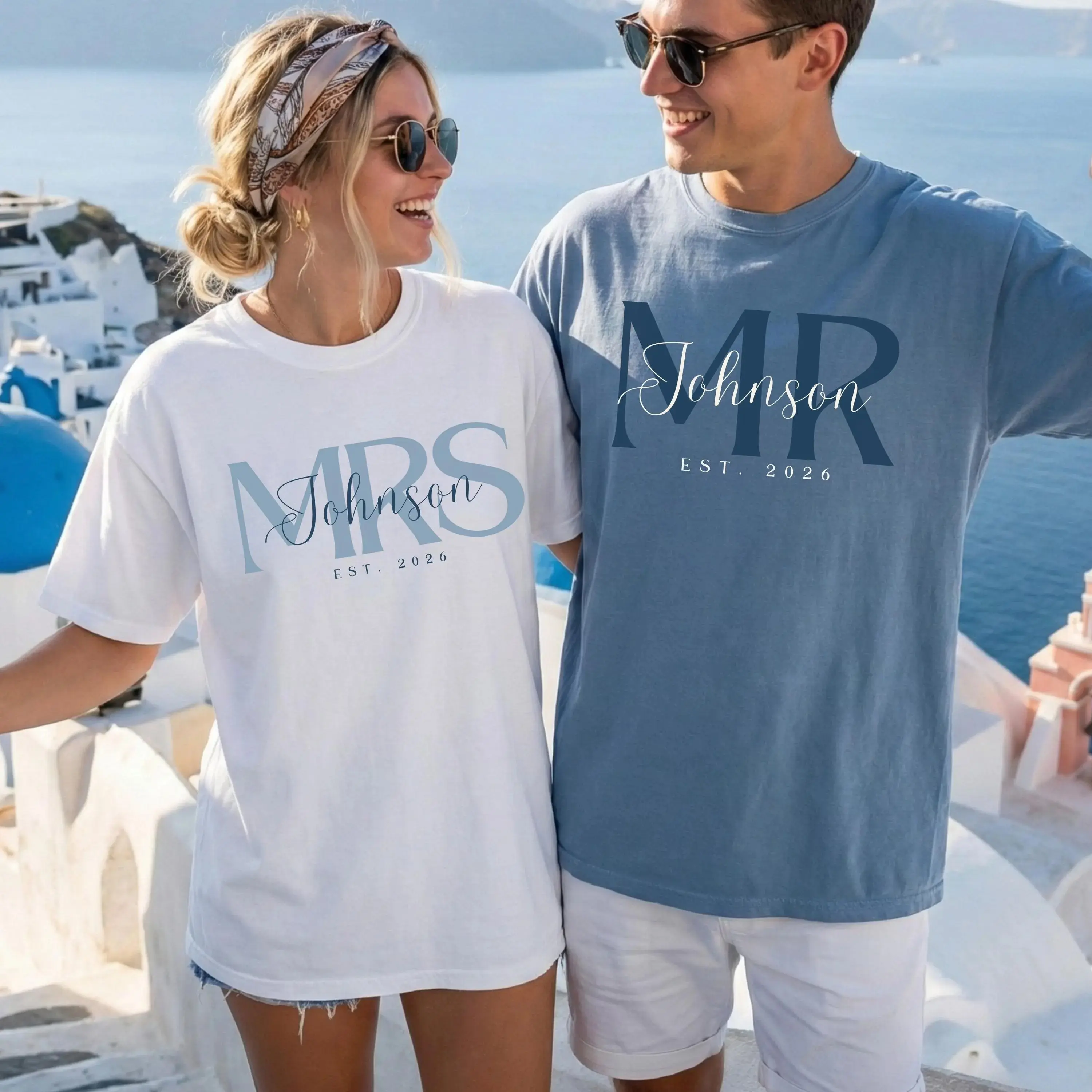Personalized Couples T-Shirts, Vintage Aesthetic Mr & Mrs Graphic Print Shortsleeve Tee, Custom Name & Date Cotton Blend Top for Newlyweds, Apparel, Clothes, Everyday, Matching, Sweatshirt, Fleece, Plush, Kangaroo, Pullover, Minimalist, Wedding, Retro, Re