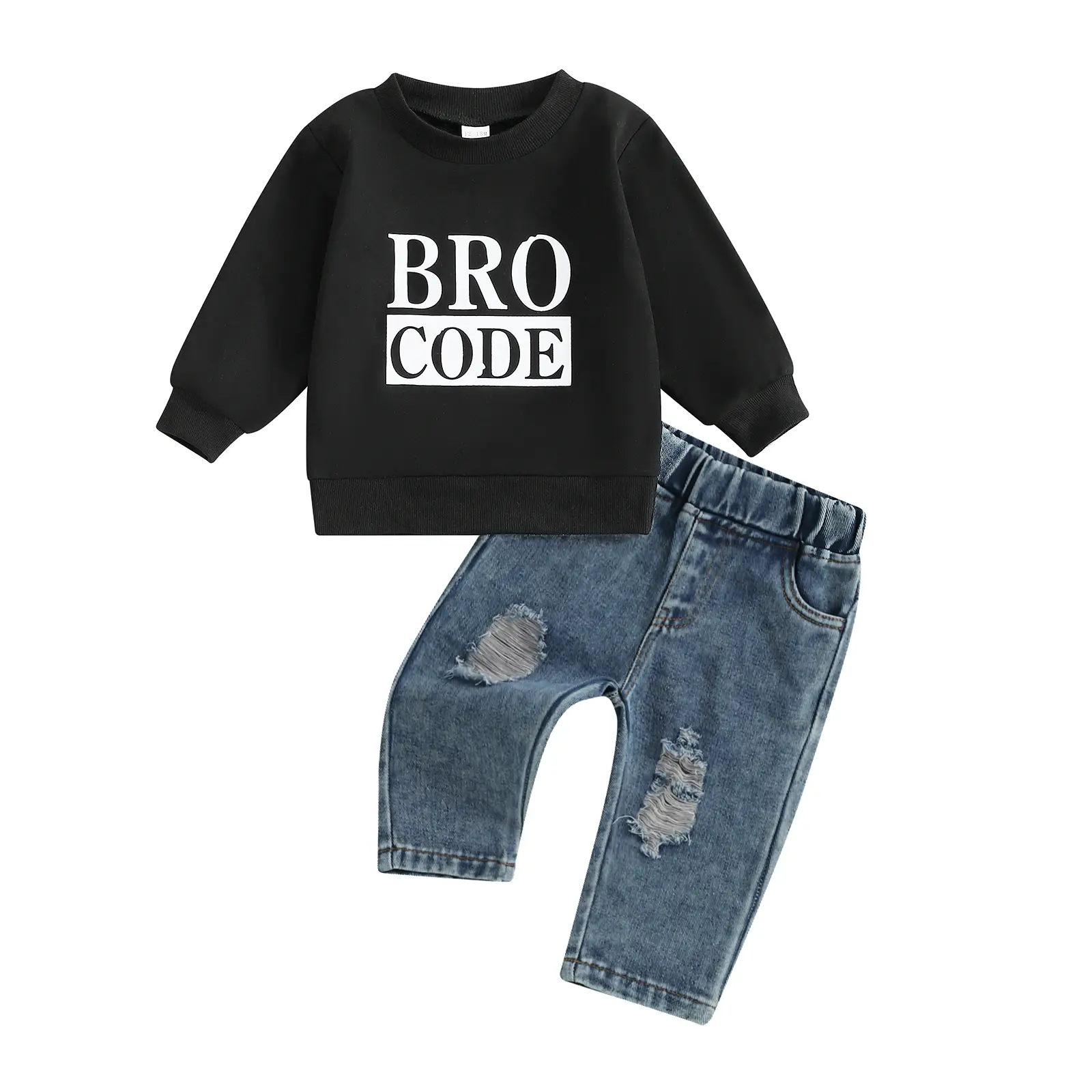 Baby Boy Fall Winter Outfit Bro Code Clothes Long Sleeve Sweatshirt Elastic Waist Ripped Denim Pants 2 Piece Set