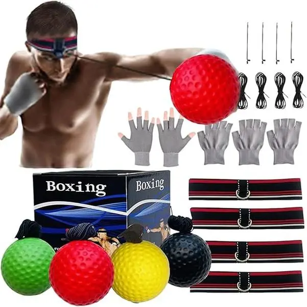 Boxing Reflex Ball Headband Set for MMA Boxing Kickboxing Training Reaction Punching Balls Kit Includes 4 PU Balls+4 Elastic Headbands+4 Spare Lines+4 Gloves for All People