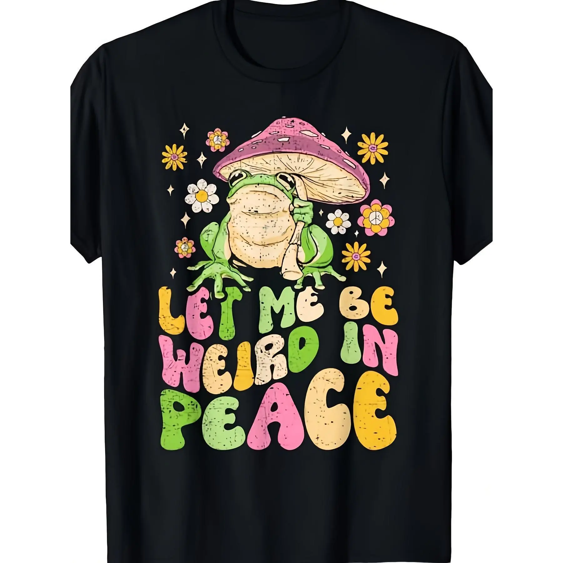 Men's 220gsm Soft Cotton Round Neck Vintage Short-Sleeve Tshirt - Goblincore Whimsical Frog & Mushroom Graphic Top, Breathable Multicolor Print, Casual All-Season Layer, Plus Size Retro Tee, Streetwear, Fashion, Fabric, T-Shirt, Shortsleeve, Stylish