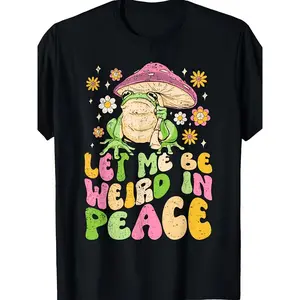Let Me Be Weird in Peace Cute Goblincore Frog T-Shirt - Unisex Adult Retro Graphic Tee with Whimsical Frog & Mushroom Design, 220gsm Pure, with Multicolor Print, All-Season Casual Wea, PLUS SIZE