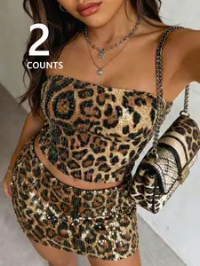 Women's Leopard Sequin Sleeveless Crop Top and Short Skirt Set, Y2K Street Style, Soft Knit Lining, Casual, All Seasons