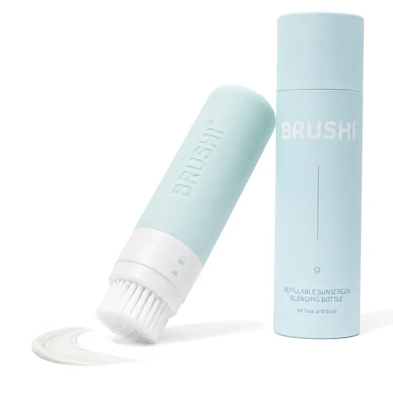 BRUSHI Refillable 2-in-1 Sunscreen Applicator - Smooth Squeeze Silicone Bottle & Brush Tool with Soft Blending Bristles, Mess-Free Application, Patent No. US117824302B1 (All-Unique Design for Skincare Use)