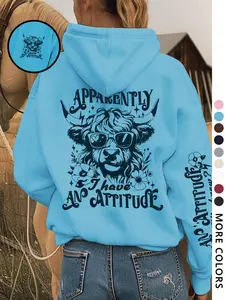 Women's Cow Print Thermal Fitted Long Sleeve Hoodie Tops, Fashion Casual Letter Graphic Hooded Sweatshirt for Daily Holiday Outdoor Wear, Women Clothing for Fall & Winter