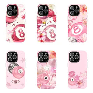 Y2K Retro Style Size 8 Ball Phone Case – Pink Leopard Print Cherry Pattern, compatible with iPhone 17/16/15/14/13/12/11 Pro Max/Plus and Samsung Galaxy S23FE/22/23/24/25. Y2K retro street style, sturdy and durable, a stylish gift choice.