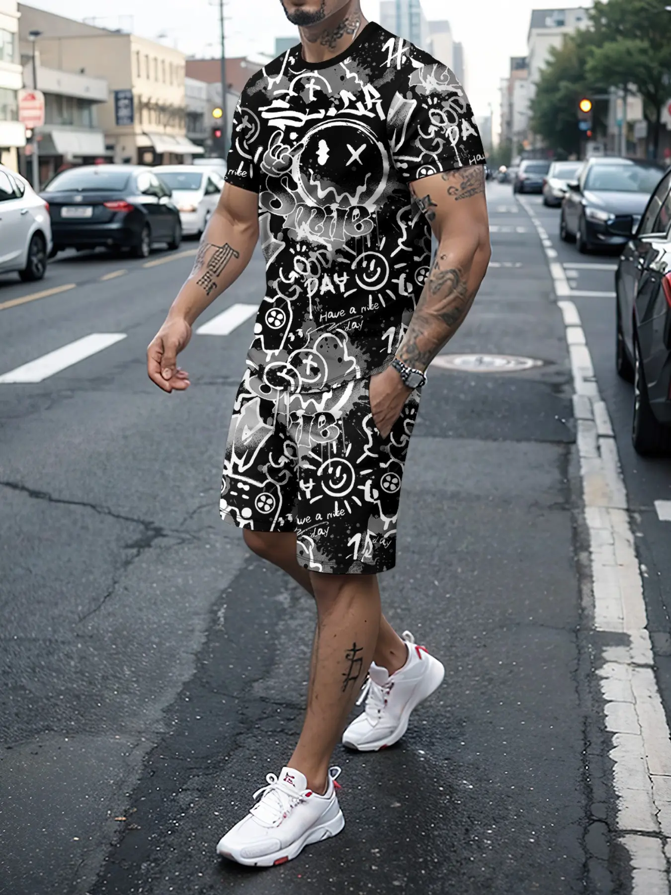Men's Graffiti Print T-Shirt and Shorts Set, and Casual for Sports, Fitted Style with Ombre Pattern