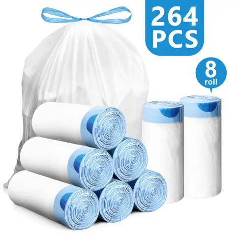 Durable Trash Bags Set - Sturdy 4gal Trashbags, Disposable Drawstring Odorless Moderate-Thickness White Tear-Free Plastic Liners, 264/132 Counts Home Supplies for Kitchen, Bathroom Use