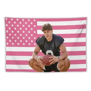 Joe Star Burrow Pink American Flag Tapestry, aesthetic room decor, funny room decor, Joe Burrow gift Decoration Cotton Decorative Light