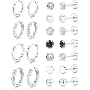 Hypoallergenic Stud Hoop Earrings for Women Small Flat Back Surgical Stainless Steel Earrings for Sensitive Ears Trendy Silver Hoops Cartilage Earring Stacks Set Multiple Piercing Jewelry Gifts