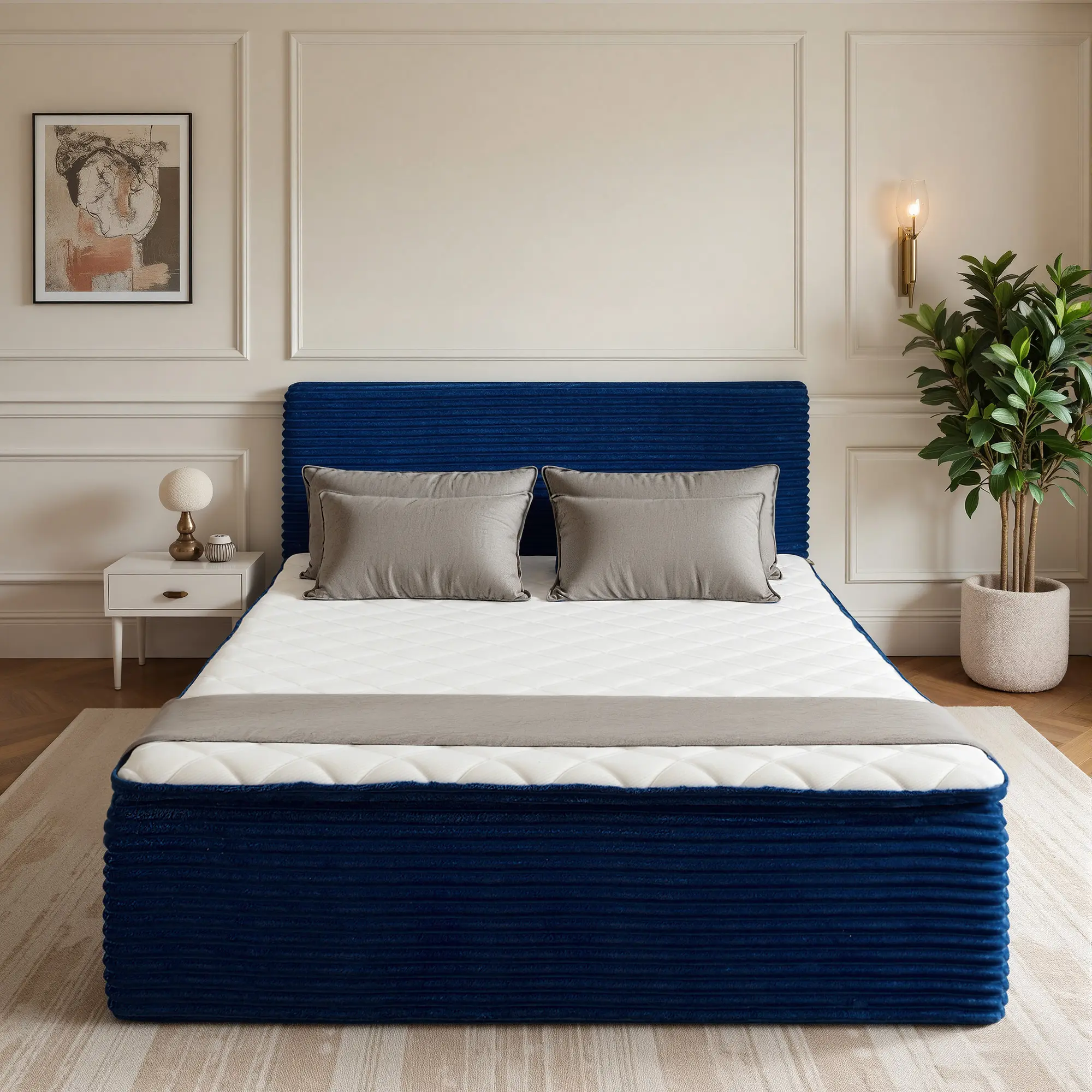 ALLWEX 55" Modern Cloud Bed, Full Size Upholstered Platform Bed with Thick Padded Headboard, No Bed Frame Needed, 6-Layer Hybrid Mattress with Pocket Springs & Adaptive Foam, Soft Rounded Edge Design