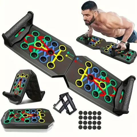 Adjustable Push Up Board - Detachable Home Fitness Trainer with Compact Handles, Color-Coded Slots, 28 Holes, Unisex Adjustable Workout Equipment for All Fitness Levels, Target Pecs/Lats Strength Training