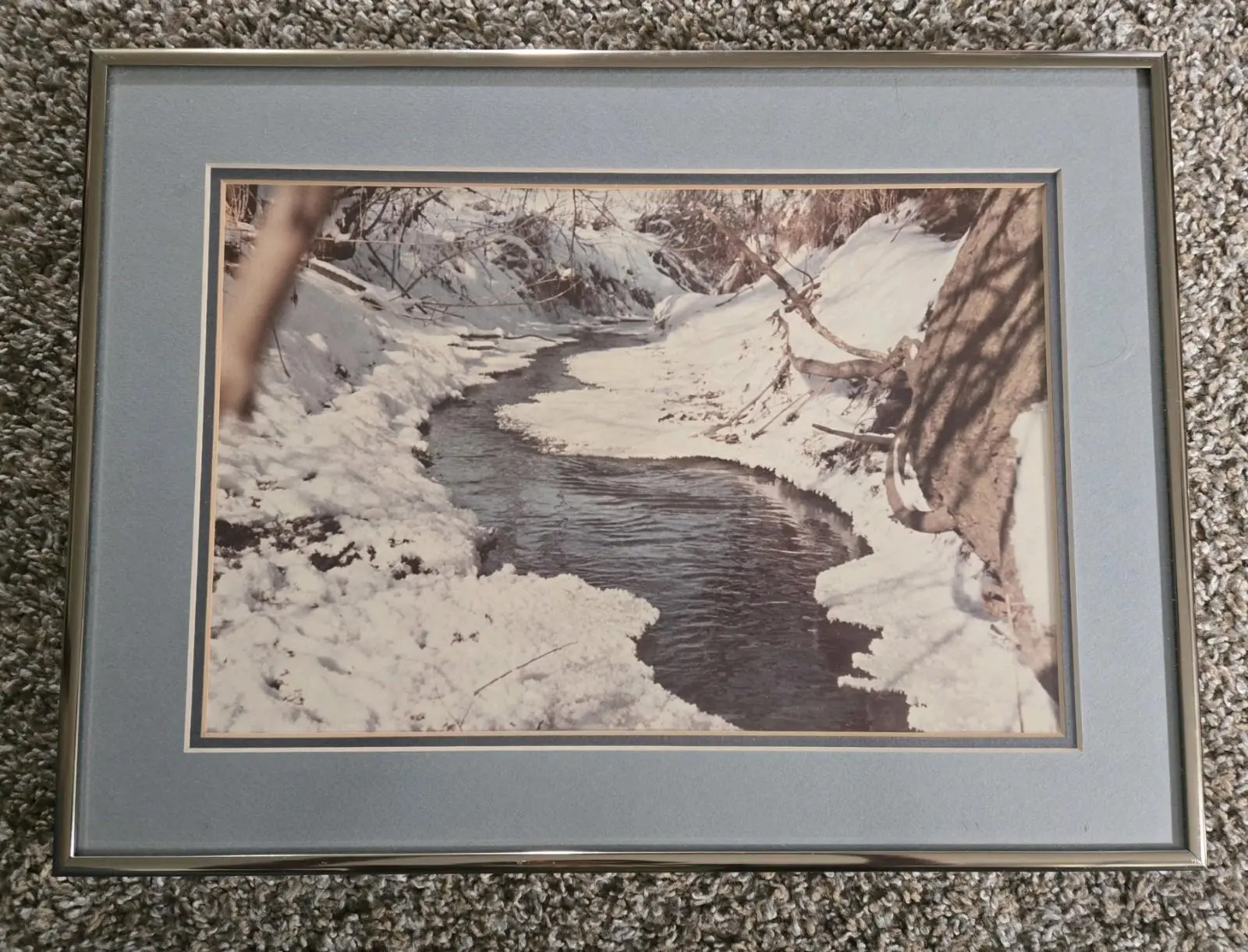 Stream, Trees And Snow Matted Picture With Frame