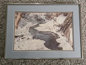 Stream, Trees And Snow Matted Picture With Frame